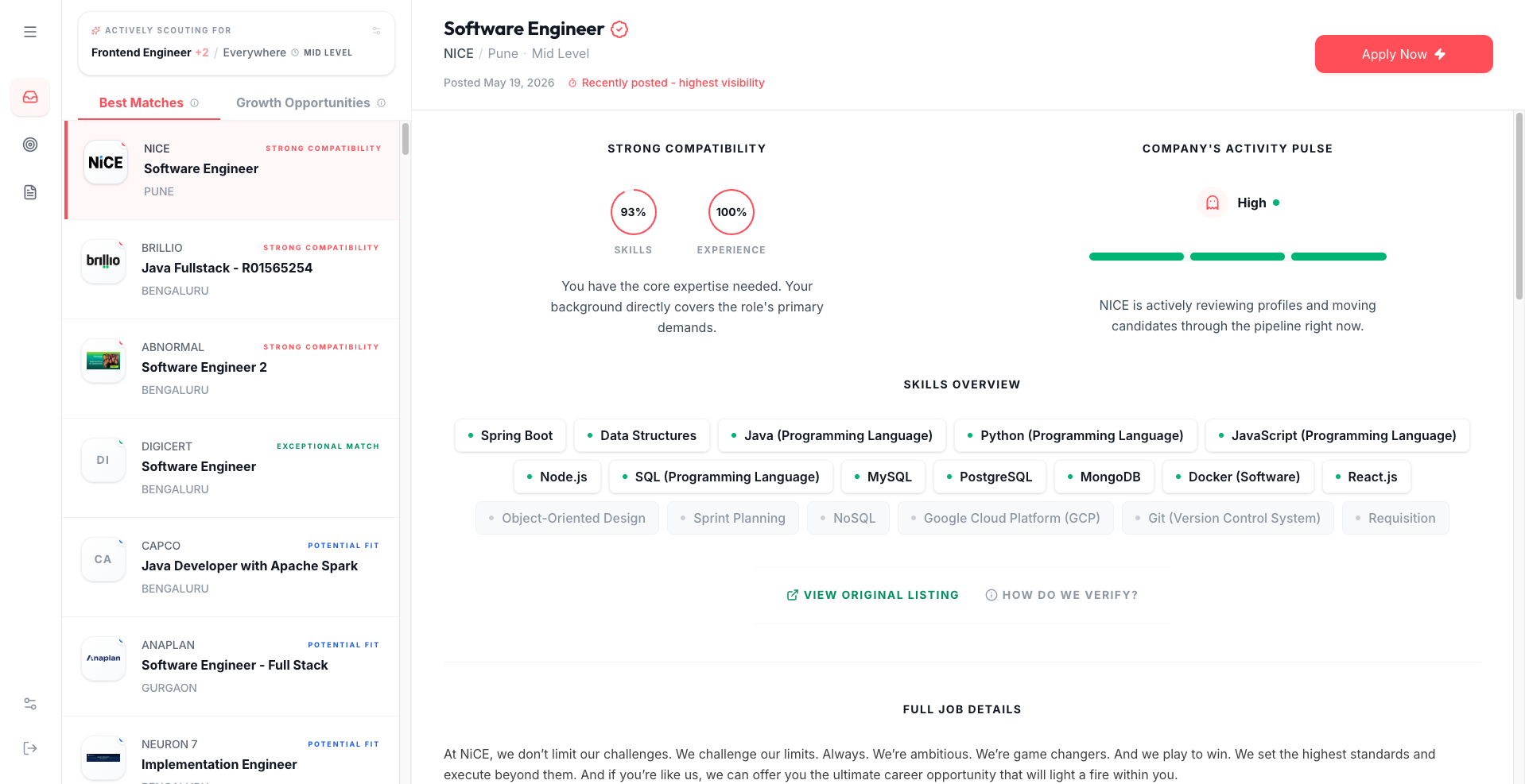 ASAI job discovery feed showing match tiers, ghost shield badges, and hiring intent signals