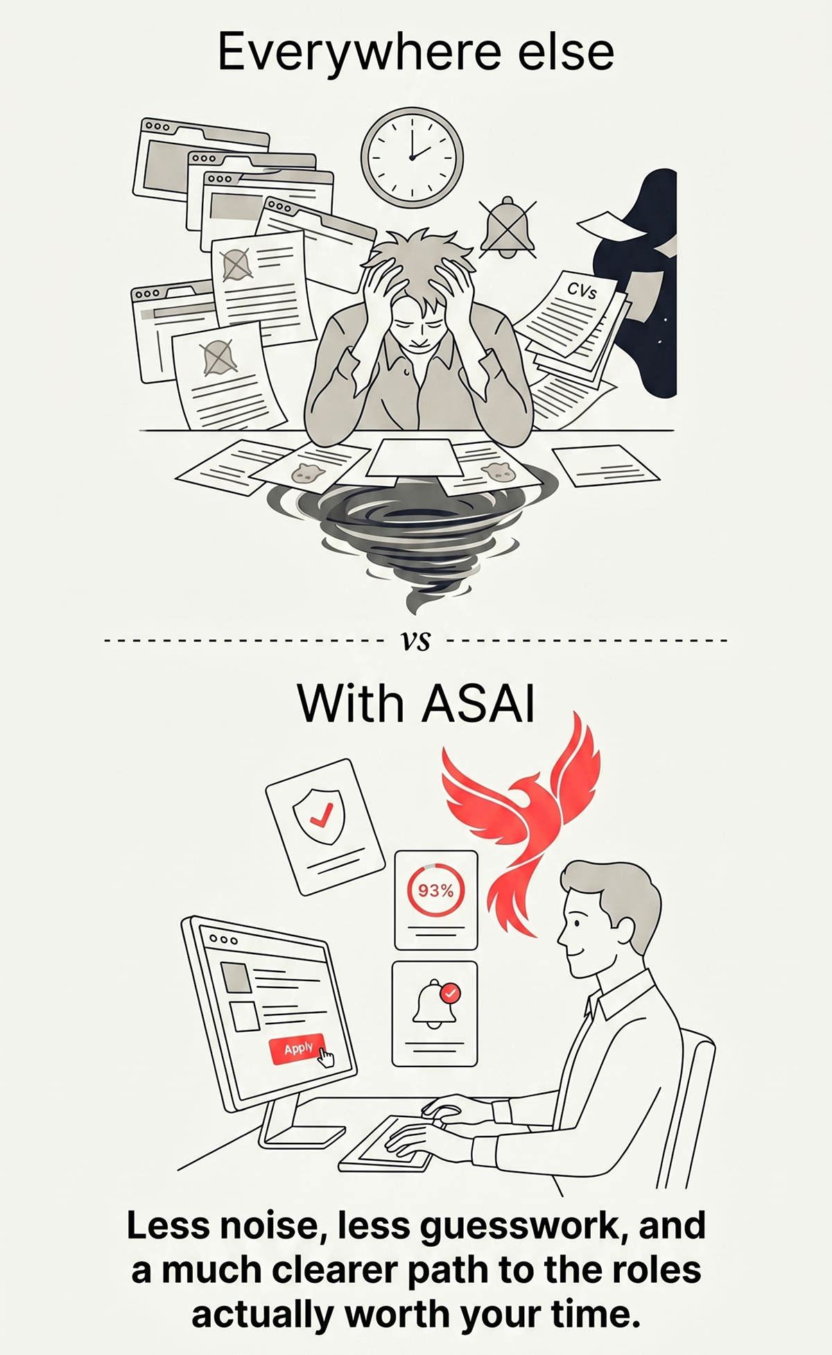 Side-by-side comparison showing chaotic job discovery elsewhere versus a calmer, higher-signal experience with ASAI