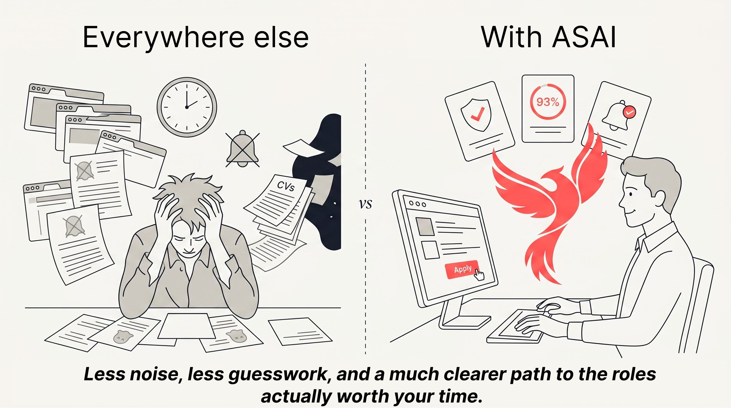 Side-by-side comparison showing chaotic job discovery elsewhere versus a calmer, higher-signal experience with ASAI